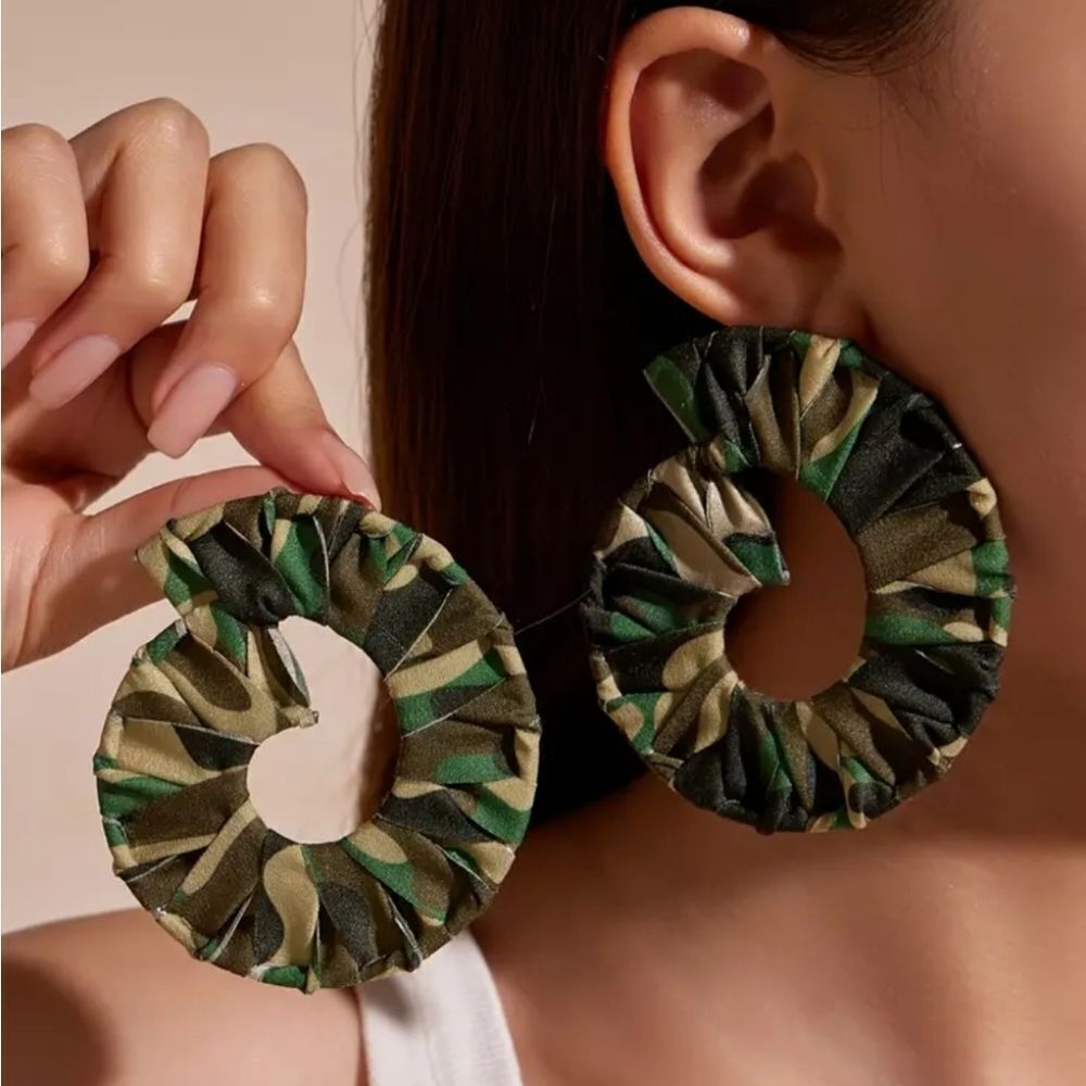 New Camouflage Patterned Hoop Post Back Earrings